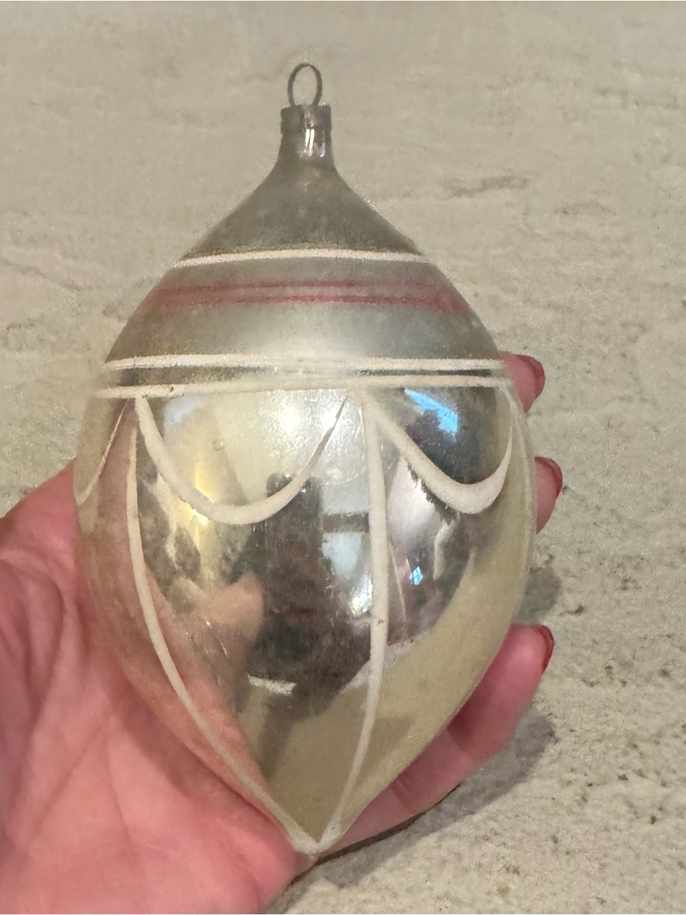 Vintage 1930’s-1950’s Hand Blown 5” Silver Teardrop Ornament W White Draped Swag